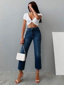 EURMUSE 女士简约日常牛仔裤，饰有猫须图案 - 霧霾藍 - 查看 3