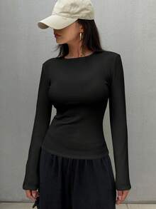 FRIFUL Camiseta de manga larga de unicolor casual para mujer con forro térmico, otoño/invierno - Negro - Ver 3