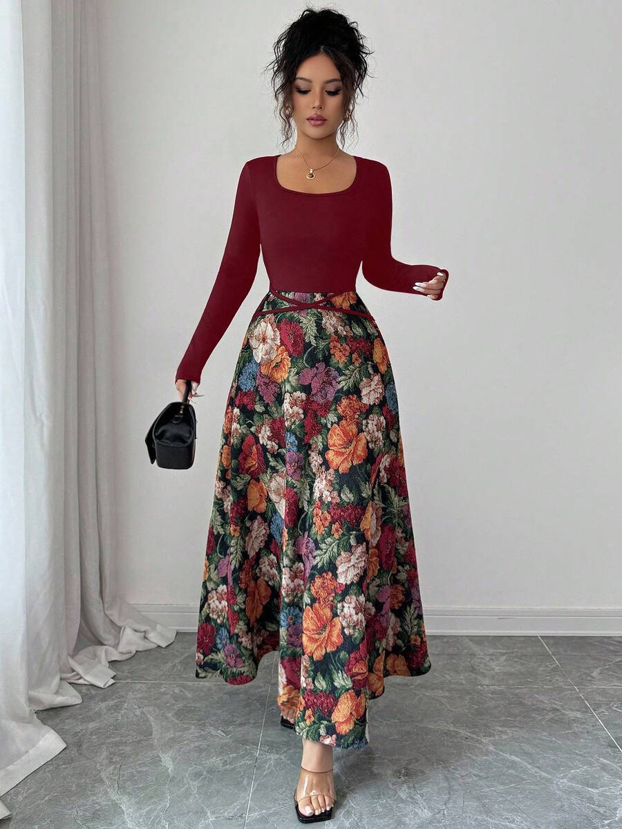 Elenzga 标准尺码女士优雅印花方领长袖连衣裙 - 紅色 - 查看 1