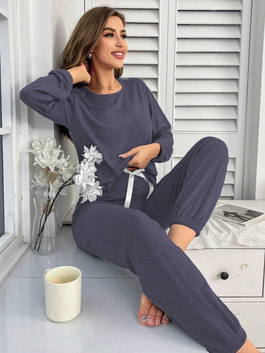 Conjunto de top de manga larga y pantalones de cuello redondo en unicolor de jacquard para mujer - Púrpura malva - Ver 1
