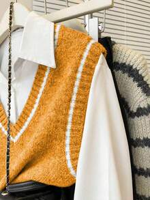 Franclia 法式复古宽松V领无袖针织撞色滚边灰色女式毛衣背心，适合秋冬季叠穿 - 橘色 - 查看 6