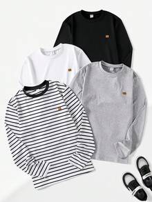 Vacaura 4 件套青少年男童休闲基本款条纹圆领长袖 T 恤，适合秋季穿着，冬季可作为夹克内搭