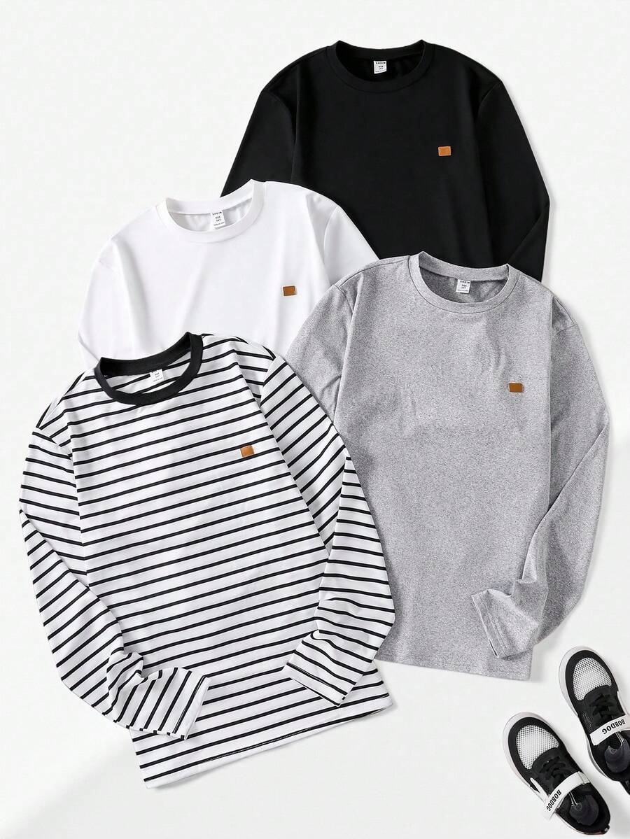 Vacaura 4 件套青少年男童休闲基本款条纹圆领长袖 T 恤，适合秋季穿着，冬季可作为夹克内搭