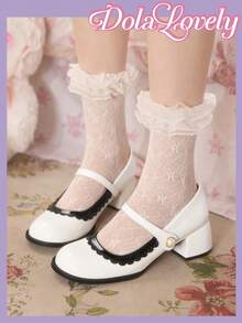 Dola Lovely 女式白色拼色蕾丝边玛丽珍高跟鞋，学院风，适合万圣节、圣诞节、感恩节 - 白色 - 查看 4