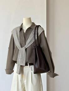 INAWLY 灰色针织披肩领宽松二合一长袖衬衫 - 淺灰色 - 查看 1