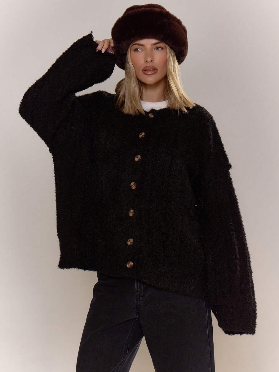 MUSERA Luźny, dzianinowy kardigan z opadającymi ramionami i guzikami, uroczy, uliczny, rustykalny, rustykalny, vintage, na zimowe wieczorne przyjęcie, elegancki sweter na wiosnę - Czarne - Zobacz 1