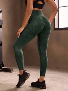 Powerista Solid High Waist Seamless Elastic Washed Leggings Yoga Women Pants - Dark Green - View 2