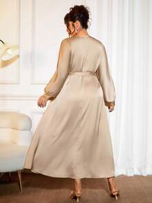 Cravure Plus Size Round Neck Long Sleeve Foil Patchwork Contrast Color Waist Tie Pullover Dress, Champagne, Autumn, Elegant, Casual Vacation Party Commute - Khaki - View 2