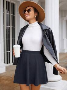 EURMUSE Women High Waist Flared Casual Short Skirt - Black - View 6