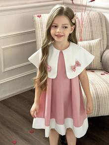 Elladie kids Young Girl Elegant Party Banquet White Collar Bow Design Loose A-Line Pink Dress - Multicolor - View 3