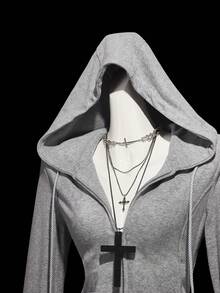 SHEIN ICON Damen Y2K einfarbiger Kapuzen-Reißverschluss-Grafik-Lässig-Vielseitig-Langarm-Sweatshirt, Winter für Frauen Grauer Reißverschluss-Sweatshirt Grau - Grau - Übersicht 8