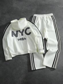 Manfinity Roghcode Ensemble de survêtement à capuche pour hommes, imprimé casual à rayures et design brodé graphique, pour le port quotidien - Multicolore - Voir 2