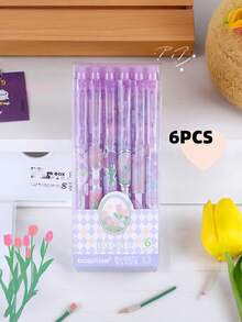 Set de 6 bolígrafos de tulipán morado borrables con goma de borrar linda, artículos de papelería para estudiantes, niñas, oficinas y escuelas, de vuelta a la escuela - Morado - Ver 6
