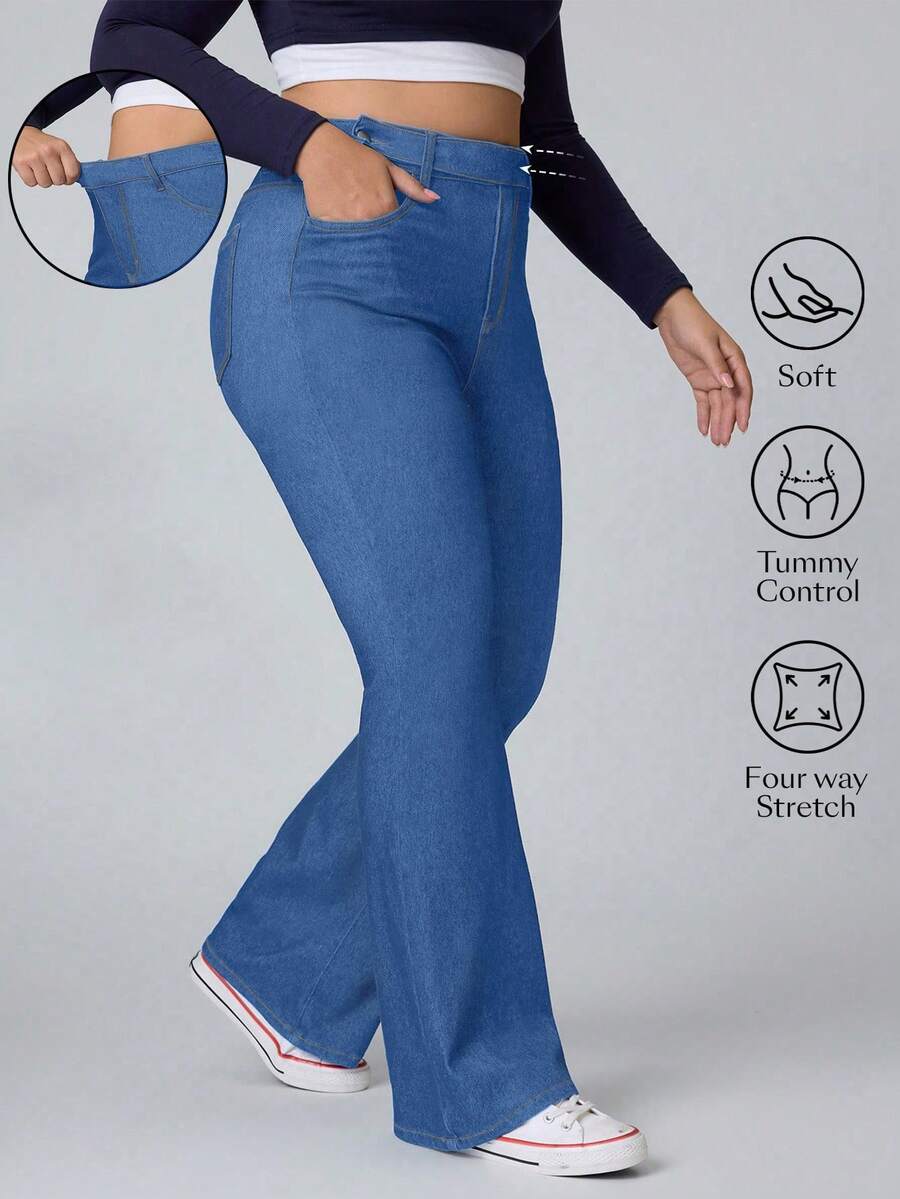 Flexra Quần jeans ống loe denim xanh cỡ lớn cho nữ, co giãn và thon gọn - Màu xanh lam - Xem 1