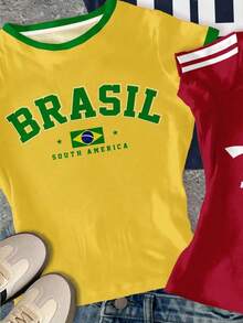 3pcs/Set Retro Street Style Graphic Tees For Teen Girls, Dopamine Blue, Vintage Red, Bright Yellow, Digit & Letter Patterns, Casual Slim Fit Crew Neck Short Sleeve High Waist Cropped Regular T-Shirts, Suitable For Summer - Multicolor - View 6