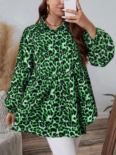SHEIN LUNE Plus Size Women Leopard Print Lapel Long Sleeve Blouse, Fall/Winter Leopard Blouse Women Top Button Up Women Shirt Business Casual Woman Work Blouse Business Blouse Thanksgiving Holiday Green Leopard Print Shirt Animal Print Shirt Green Print Shirt  Leopard Shirt Green Blouses Animal Print Shirt  Cheetah Print Shirt Cheetah Shirt  For Women Cheetah Dress For Women Animal Print Dress