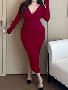 Vibekara Plus Size Women Elegant Solid Color Deep V-Neck Fitted Sweater Dress, Autumn/Winter - Burgundy - View 4