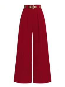 SHEIN Tall CURVE 加大码 TALL 系列女士简约褶裥直筒裤，工作服 - 紅色 - 查看 6
