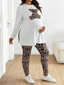 SHEIN 2 pezzi Set di top e pantaloni da maternità, taglie comode, con collo rotondo, maniche lunghe, motivo orsetto e vestibilità slim - Multicolore - Visualizzare 4
