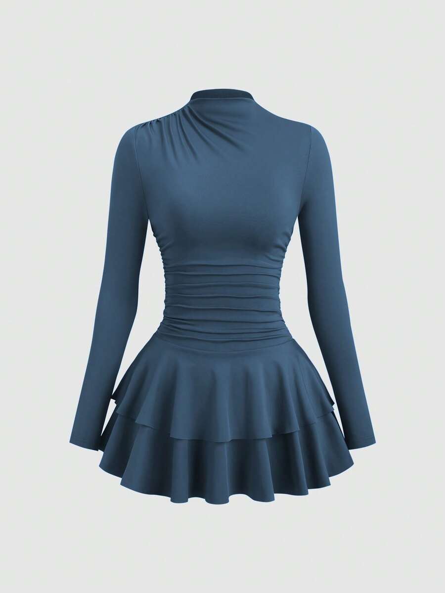 SHEIN PETITE 女士红色长袖高领褶皱腰身复古连衣裙，秋冬款 - 藍色 - 查看 1