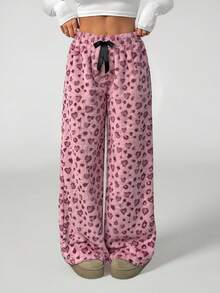 SHEIN PETITE 女士系腰蓬松粉色豹纹休闲宽腿宽松裤