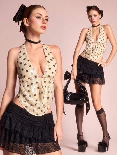 ROMWE Avant Damen Y2K Retro Sexy Herzausschnitt Südfrankreich Urlaubs Polka Dot Perlen Drapierte Ausschnitt Trägerhemd