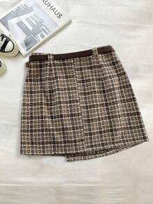 Franclia 返校季休闲百搭复古格纹柔软拉绒材质不对称下摆配腰带春秋卡其色女短裙女裙短裙女裙秋季女装秋装女装返校服