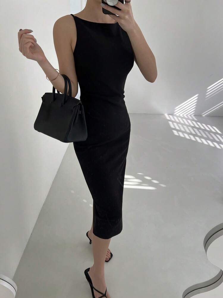Women's Round Neck Solid Color Elegant Mid-Length Dress