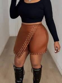 Maweii Women's Plus Size Elegant PU Fabric Asymmetrical Hem Shiny Studded Trim Design Shorts, Featuring An Elasticated Back Waist, Side Zipper, Perfect For Parties, Gatherings, Night Outs, Christmas, Halloween, New Year's, Valentine's Day Romantic Dates, Vacation, Concerts, Fashionable Versatile Statement Piece, New Women's Plus Size Fashion Item Plus Size Women's Shorts. - Brown - View 6