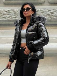 EURMUSE Faux Fur Patchwork Winter Hooded Long Sleeve Coat - Black - View 4