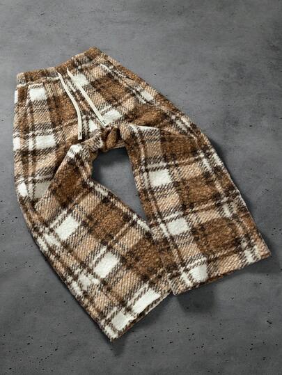 PAVTROS Pantalones de felpa de estilo callejero para hombres, pantalones deportivos de cintura elástica, estilo clásico a cuadros, esencial cálido y cómodo para el invierno, estilo casual retro, minimalista, de moda, adecuado para combinar a diario, vuelta al colegio, casual al aire libre, regalo de vacaciones, regalo para novio, regalo para esposo, ropa de calle, holgado, gráfico, a juego, amigos y parejas