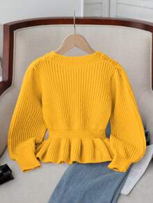 Maglia a maniche lunghe lavorata a maglia, abiti per bambini in stile coreano, maglione corto con balze alla moda e vestibilità aderente, adatto per autunno/inverno - Giallo - Visualizzare 2
