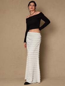 Freevana Falda maxi de punto elegante y romántica de talla grande, adecuada para fiestas y reuniones, nueva colección de otoño/invierno, elegante falda maxi larga blanca para vacaciones de verano, Día de San Valentín, Eid Al-Adha, estilo bohemio con volantes blancos