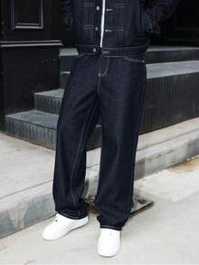 Manfinity EMRG Jeans larghi e comodi da uomo con ricamo sulla tasca posteriore, blu navy