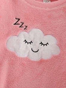 女童睡衣，柔粉色休闲优雅家居服，长袖上衣和裤子套装，饰有云朵、笑脸、星星刺绣图案，抓绒面料，适合秋冬季青少年女孩穿着。 - 淺粉色 - 查看 5