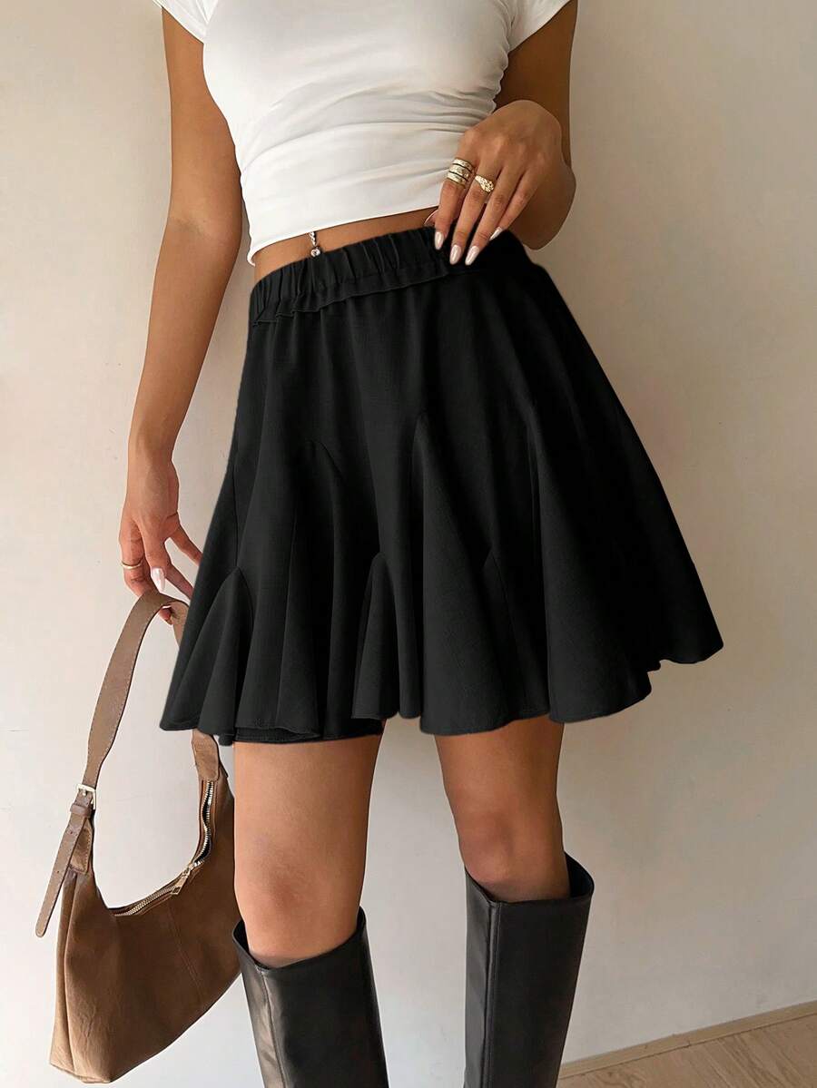 Siren Gaze Women's Solid Color Ruffle Hem Mini Skirt, High Waist Pleated Skirt, Sexy Ballet Tutu Skirt, Party Dress, Street Style, Linen Ladies Skirt Skirt Summer Black Skirt With Shorts Black Black Skirt Mini Cute Skirt Black Skort For Women Cute Flare Skirt - Black - View 1