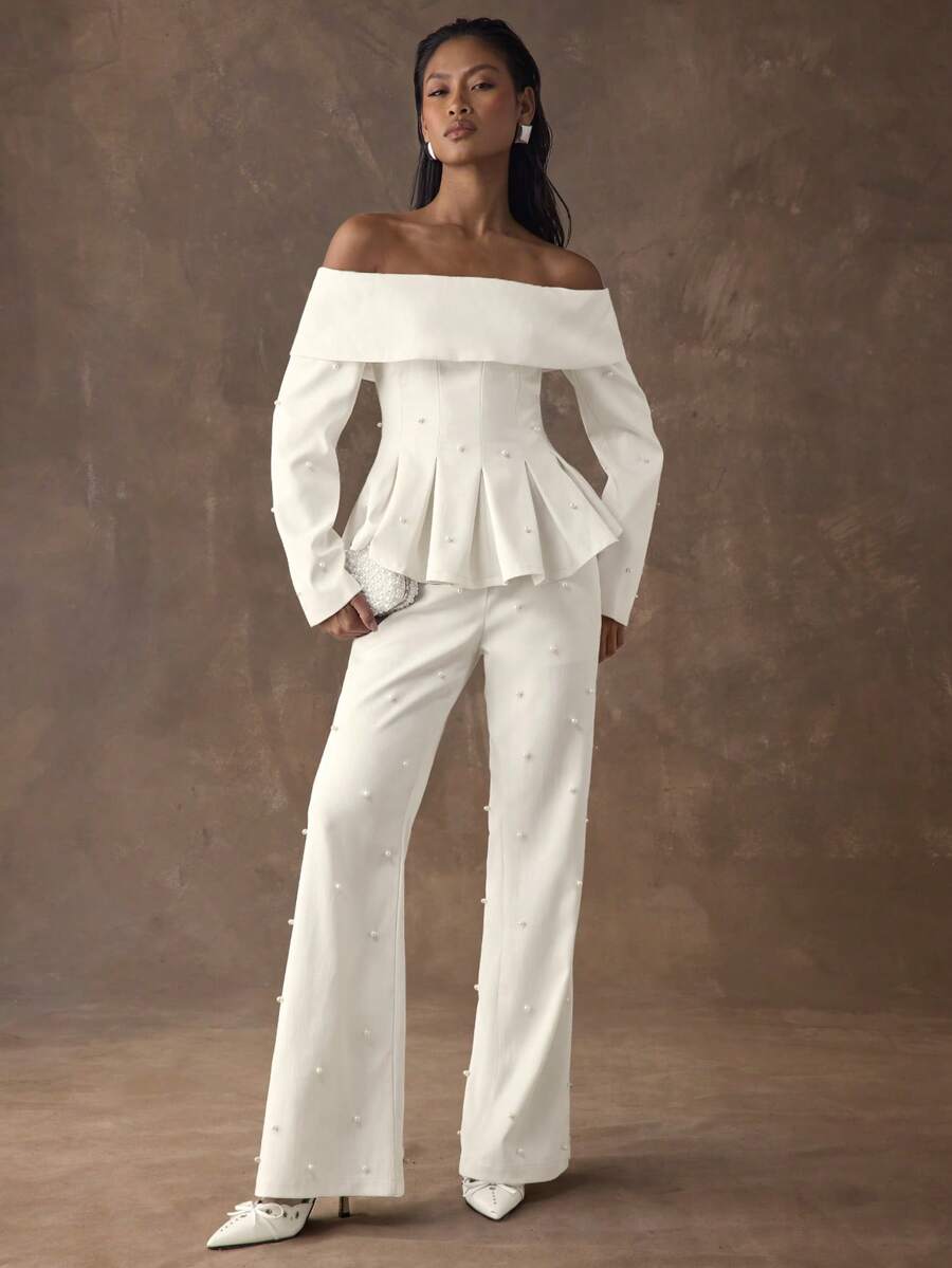 SHEIN BAE Weiße, schulterfreie Jacke mit Perlenverzierungen für Herbst/Winter. Dieser weiße, schulterfreie Blazer mit Perlenapplikationen strahlt Eleganz aus. Perfekt für Partys, Weihnachtsfeiern, Geburtstagsfeste und festliche Anlässe.