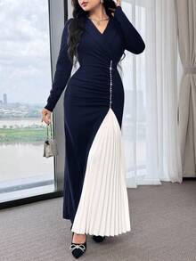Modelyn 女士优雅宴会礼服，饰有水钻褶裥拼接，领口设计，收腰剪裁，中长款，适合春秋季穿着。 - 藍色 - 查看 6
