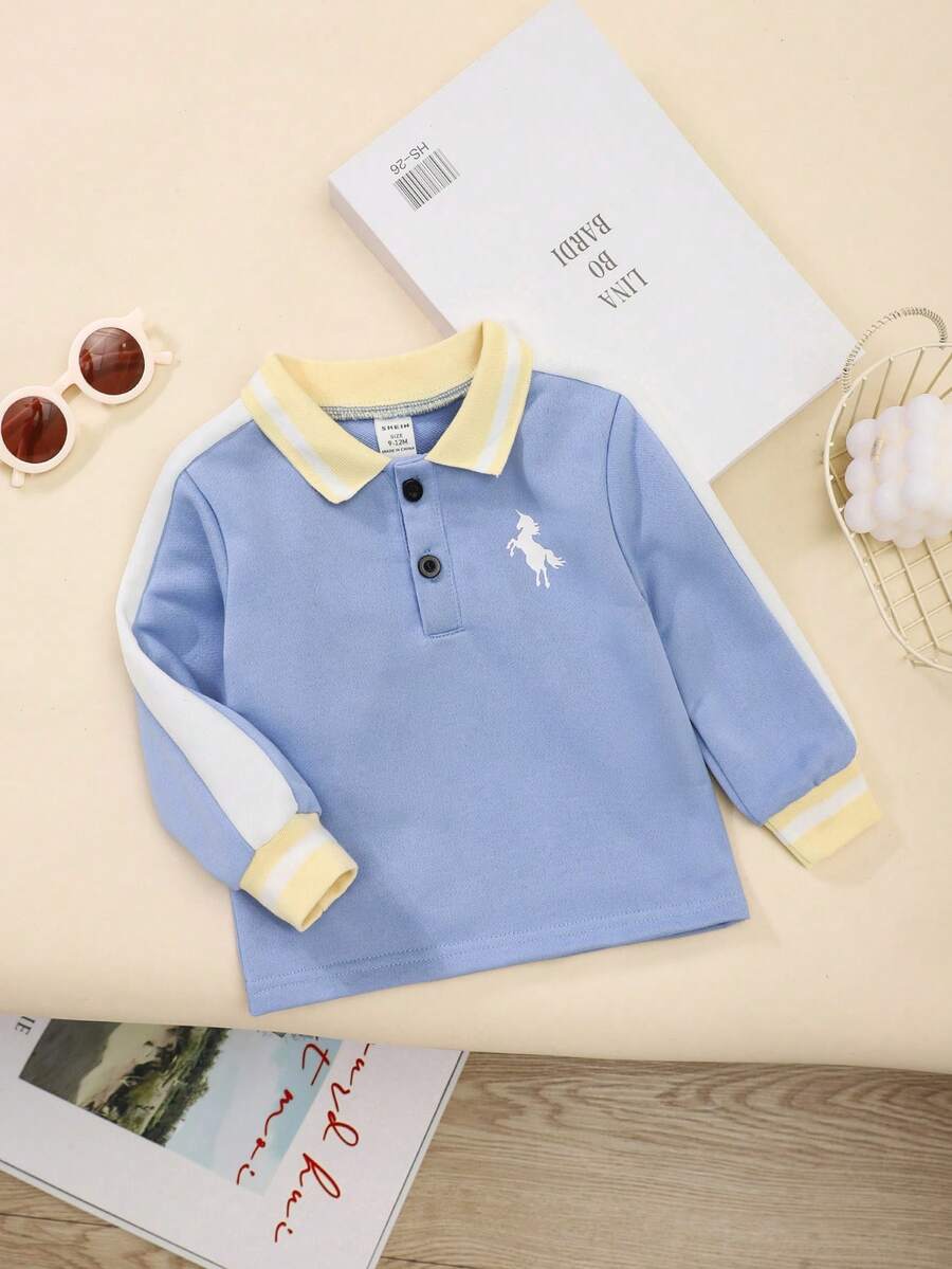 SHEIN 男童撞色独角兽马印花长袖POLO衫，休闲校园风，秋冬款 - 彩色 - 查看 1