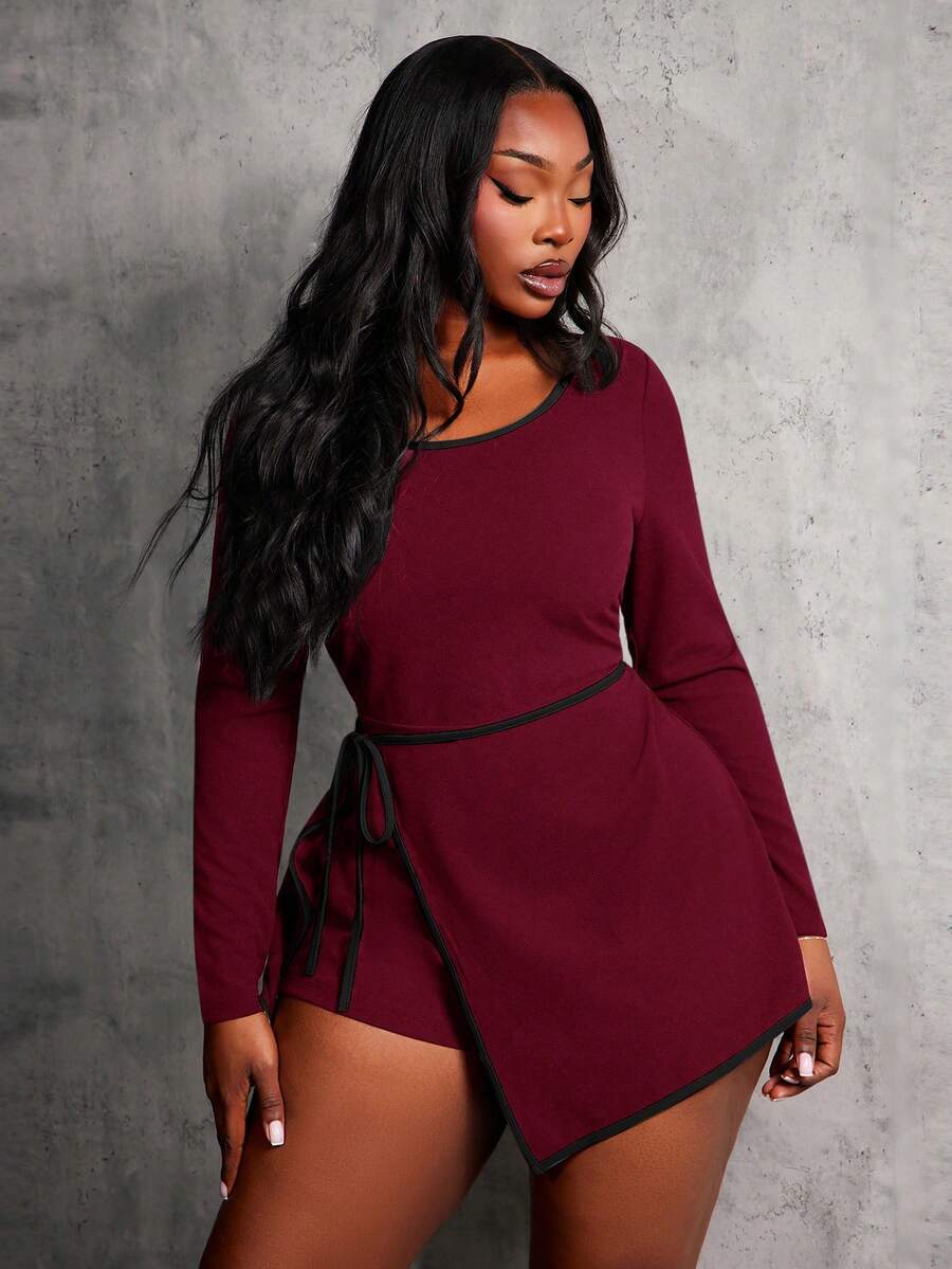 SHEIN SXY 大码女式性感休闲酒红色圆领长袖撞色滚边短款连体裤，弹力修身连体裤，休闲商务装，适合日常、办公室、通勤、秋冬季穿着。 - 酒紅色 - 查看 1