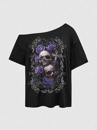 Goth Camiseta básica de manga asimétrica de talla grande, estilo vintage, de color negro sólido, de seda de leche con doble cepillado, con diseño de calavera punk, rosa, vid púrpura y hombro asimétrico