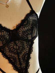 SpicyHot Women's Sexy Lace Bodysuit Lingerie Set - Black - View 3
