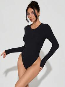 SHEIN PETITE 2pcs Solid Slim Fit Spring Women Bodysuit Black Body Suit Long Sleeve Bodysuit Bodysuit Romper Black Bodysuit Women Sexy Body Suit - Black - View 3