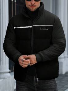 Manfinity CasualCool 男士休闲保暖拉链立领羽绒服，秋冬黑色男士夹克，男士羽绒服，男士冬季服装，男士街头风拉链夹克，适合日常休闲、周末旅行、户外活动、探险旅行、轻松的工作环境或半正式场合，可作为男友/丈夫礼物、周年纪念/生日礼物、派对礼物、圣诞节礼物、新年礼物。 - 黑色 - 查看 5