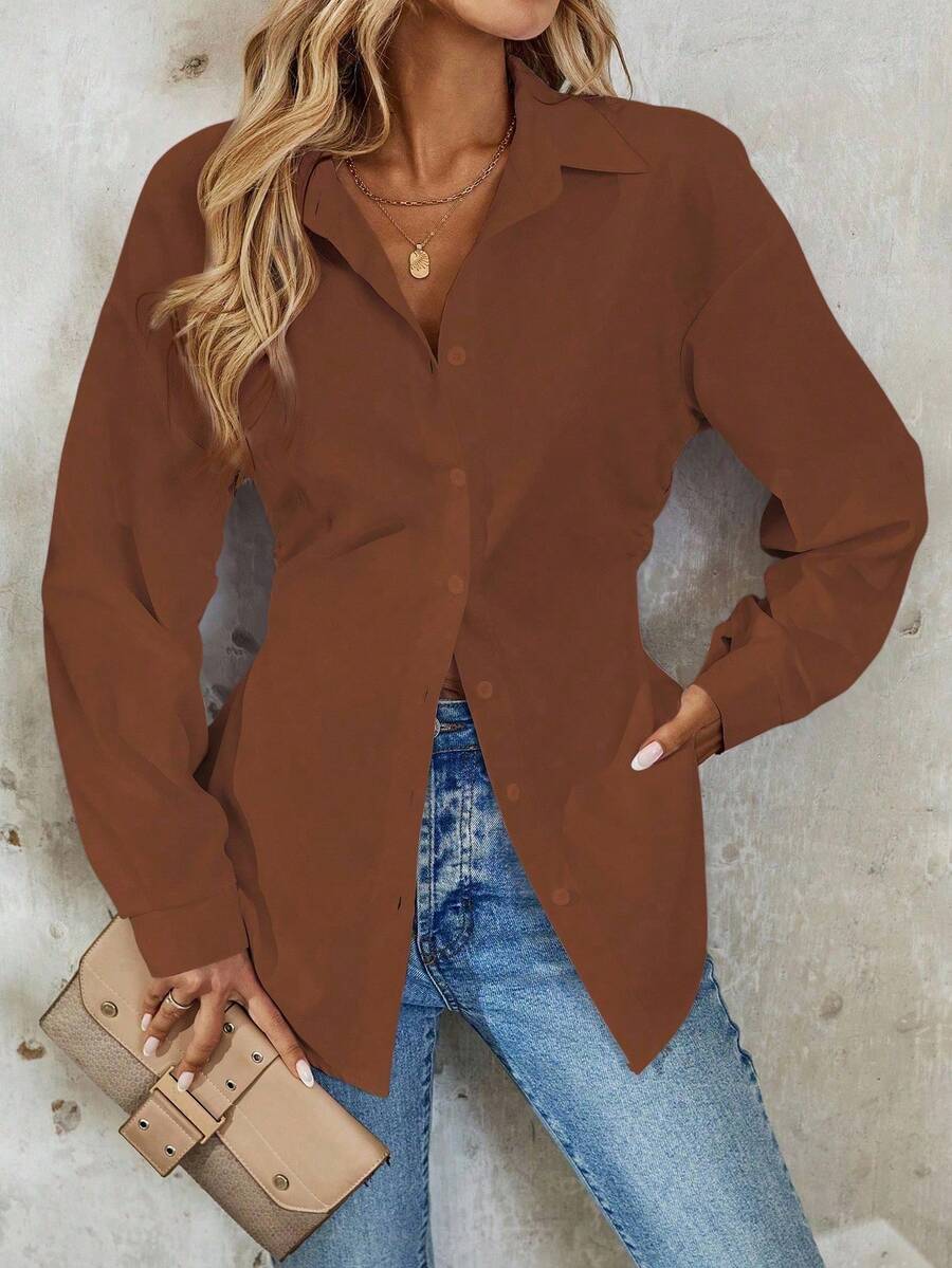 Chiquease 女士优雅度假纯色落肩长袖收腰休闲衬衫 - 棕色 - 查看 1
