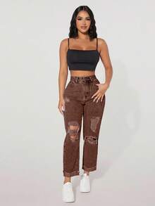 SHEIN PETITE Women's Casual Versatile Everyday Distressed Pocket Jeans - Coffee Brown - View 3
