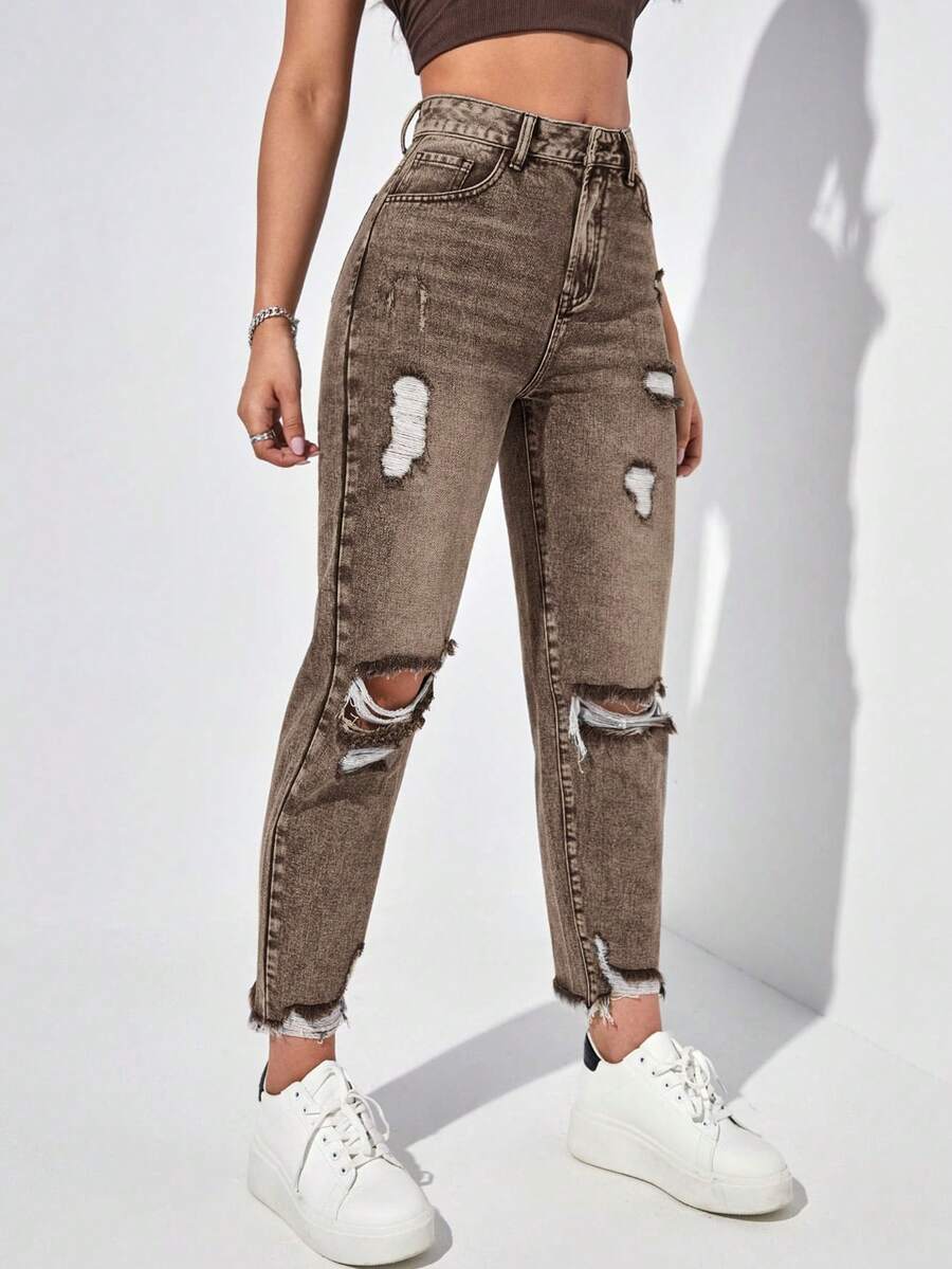 SHEIN EZwear Quần jeans Mom Fit cạp cao rách gối mùa hè cho nữ - Màu Khaki - Xem 1