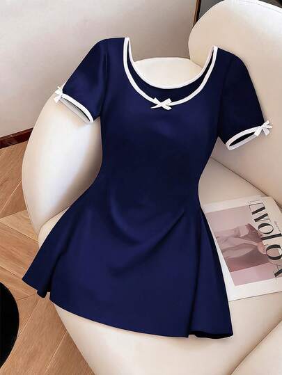 Resyla 女士圆领短袖可爱蝴蝶结装饰时尚简约连衣裙