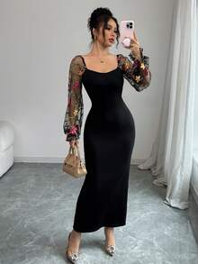 Elenzga Đầm suông thanh lịch thêu hoa cổ tim cho nữ - màu đen - Xem 6