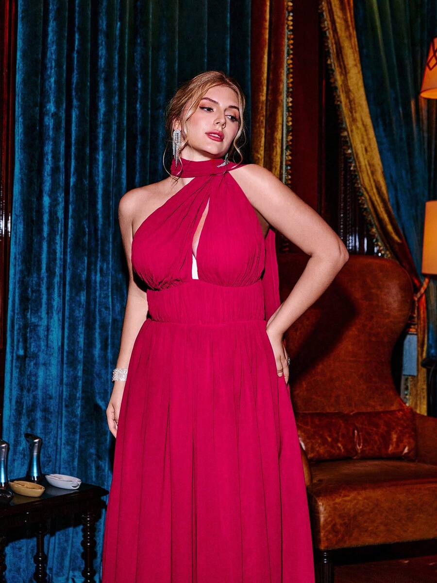 VOLUPTÉ CURVE Plus Size Women's Spring/Summer Wine Floor Length Dress Chiffon Ruched Halter,Elegant Casual Formal Beach Party Birthday Wedding Guest Dress - Hot Pink - View 1
